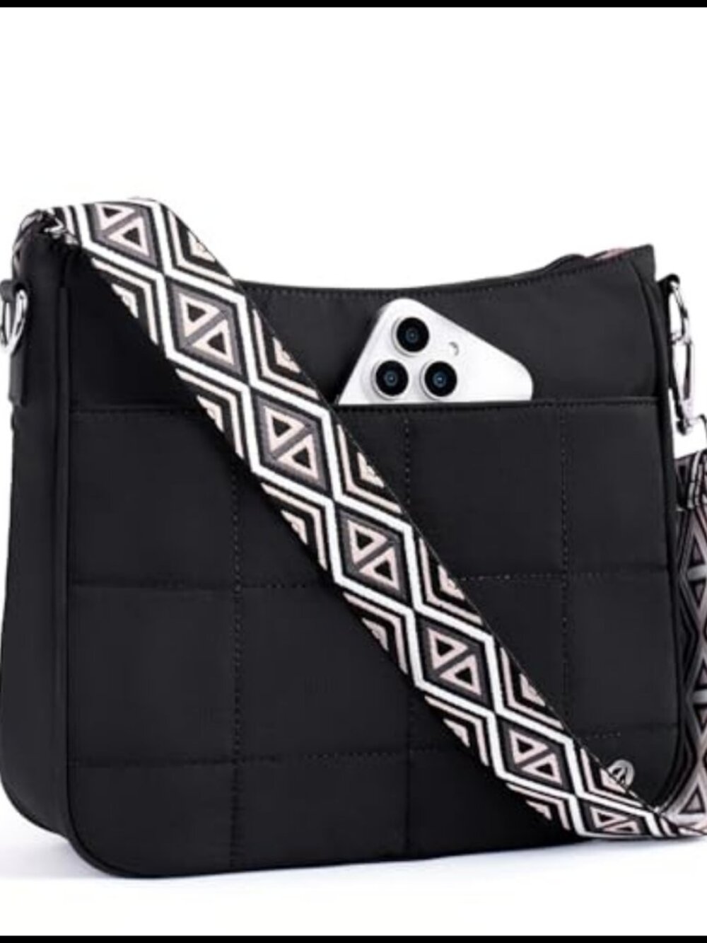 Quilted Nylon Anti-Theft Crossbody Bag Hobo Purse w Guitar Strap